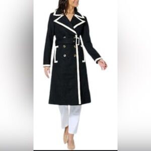 Kathy Ireland Black And White Eyelet Trench Coat With Soft Faux Leather Trim